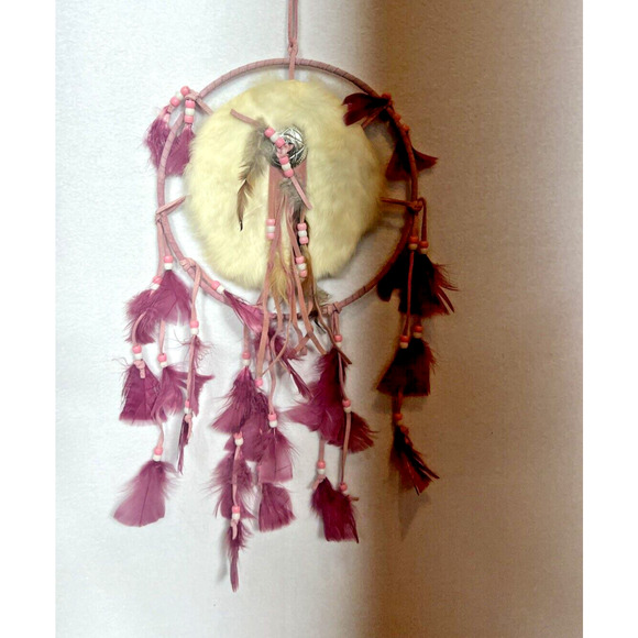 Dream Catcher Suede Leather Fur Feathers Pink 9" - Picture 1 of 5